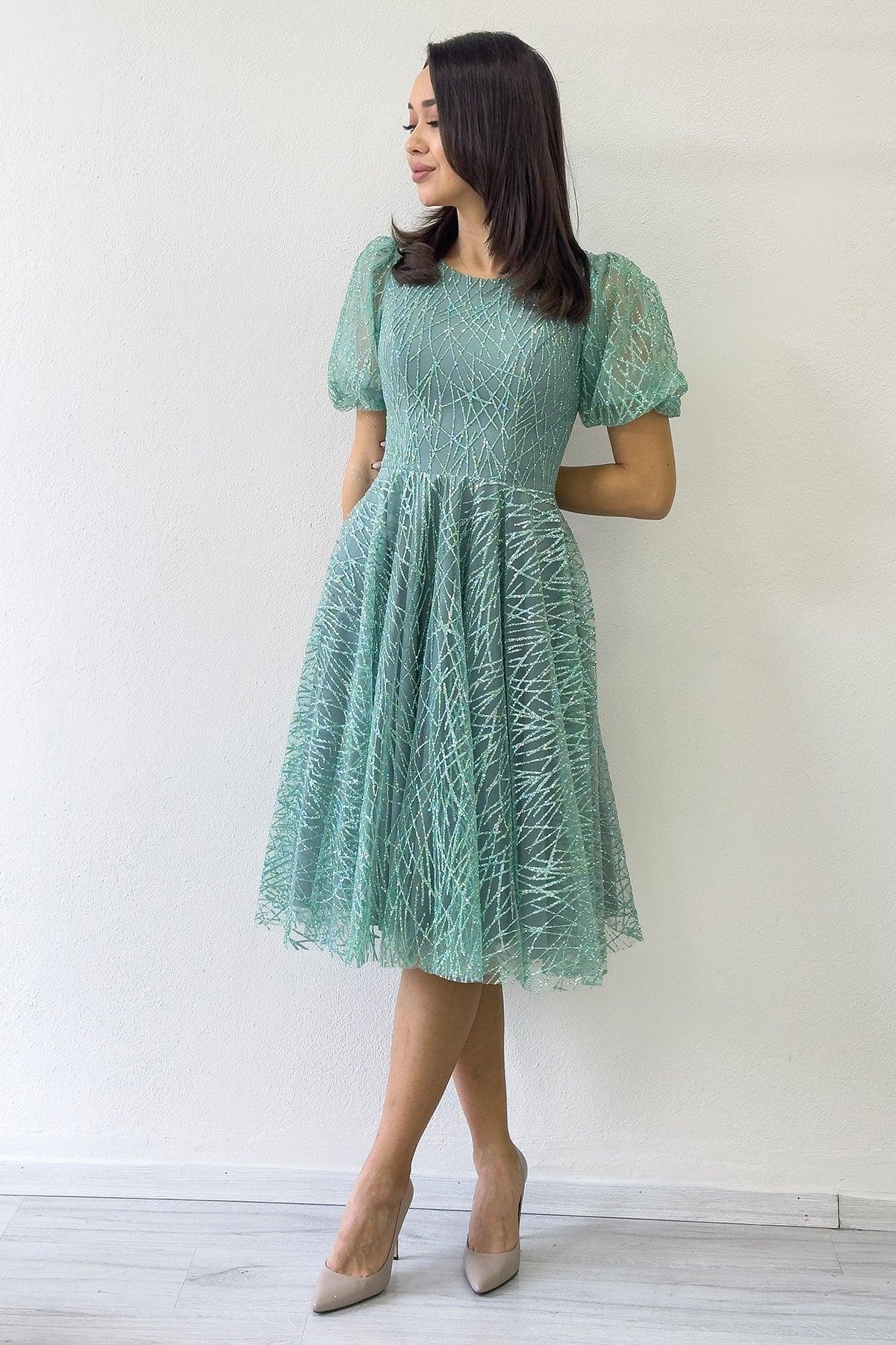 Women's Aqua Green Balloon Sleeve Glitter Flared Midi Evening Gown