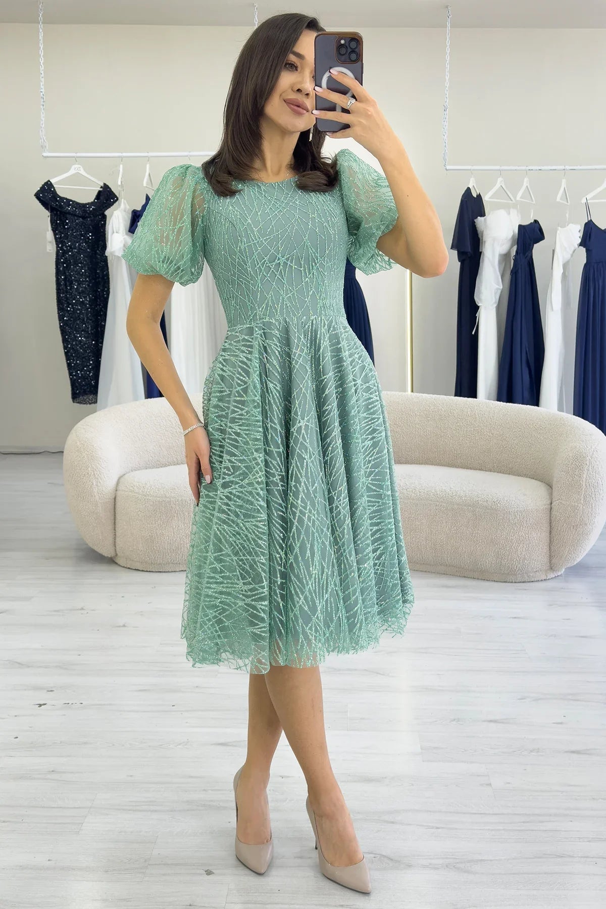 Women's Aqua Green Balloon Sleeve Glitter Flared Midi Evening Gown