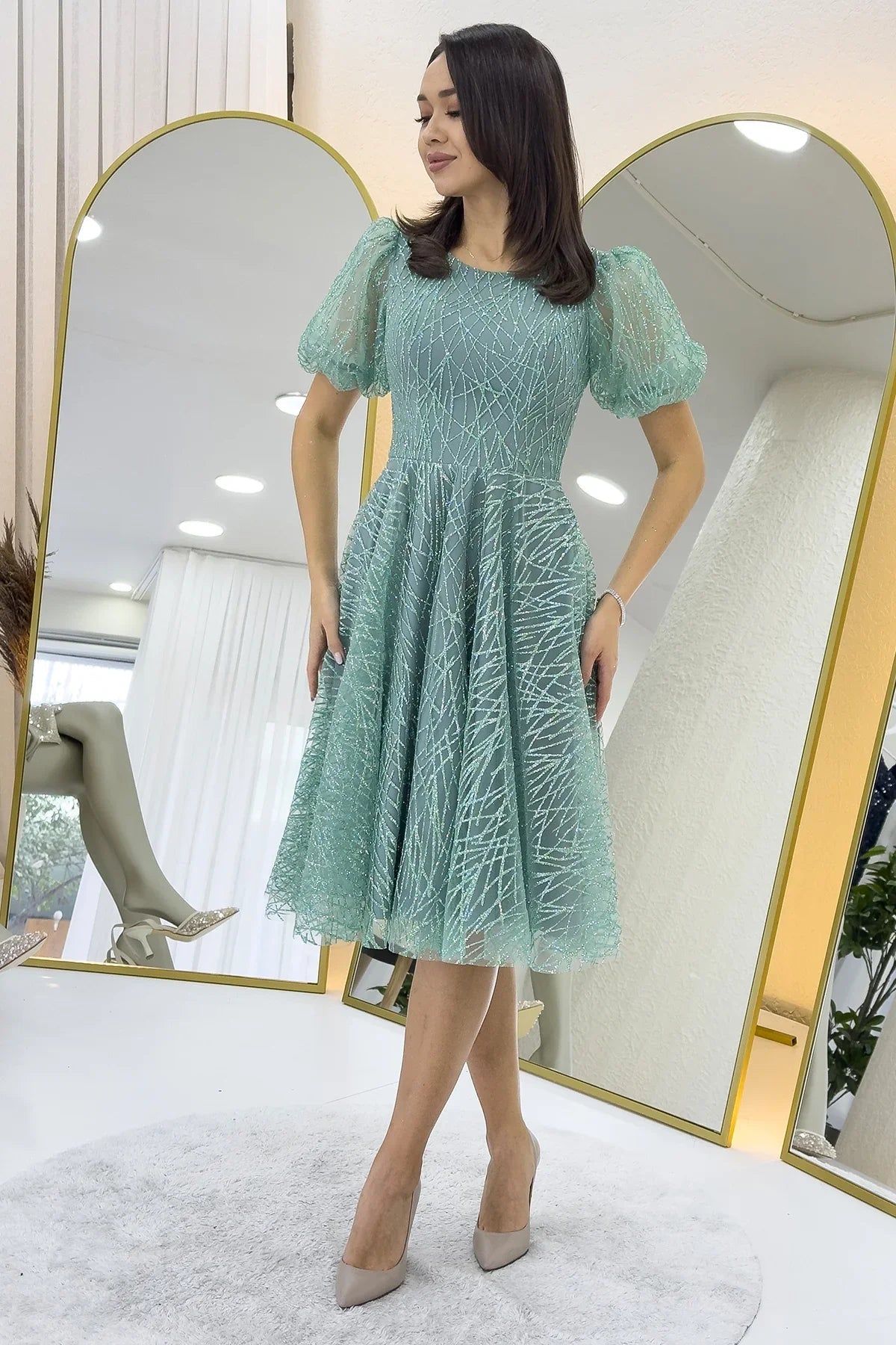 Women's Aqua Green Balloon Sleeve Glitter Flared Midi Evening Gown