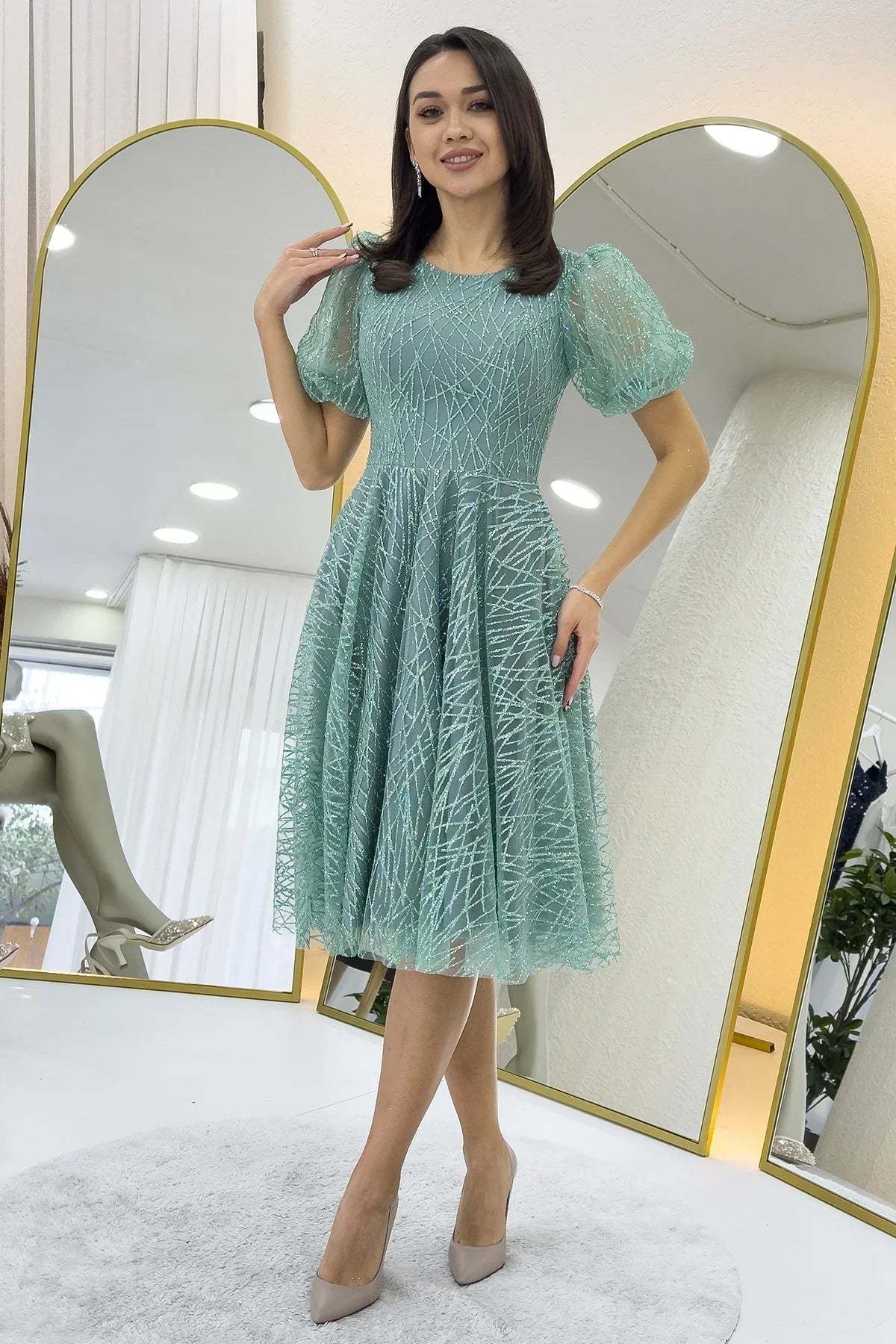 Women's Aqua Green Balloon Sleeve Glitter Flared Midi Evening Gown