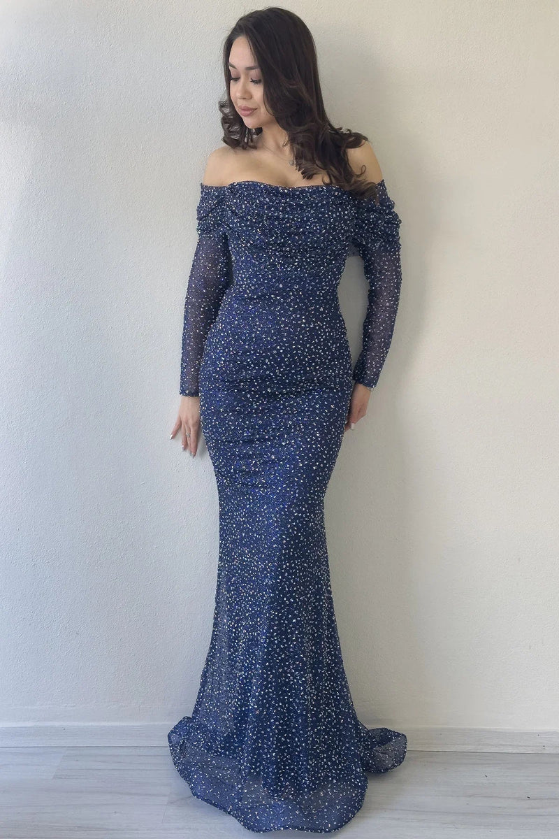 Women's Navy Blue Boat Neck Crystal Embellished Long Sleeve Mermaid Evening Gown