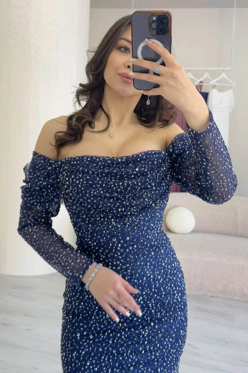 Women's Navy Blue Boat Neck Crystal Embellished Long Sleeve Mermaid Evening Gown