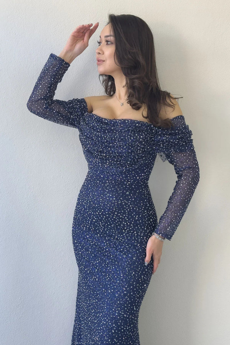 Women's Navy Blue Boat Neck Crystal Embellished Long Sleeve Mermaid Evening Gown
