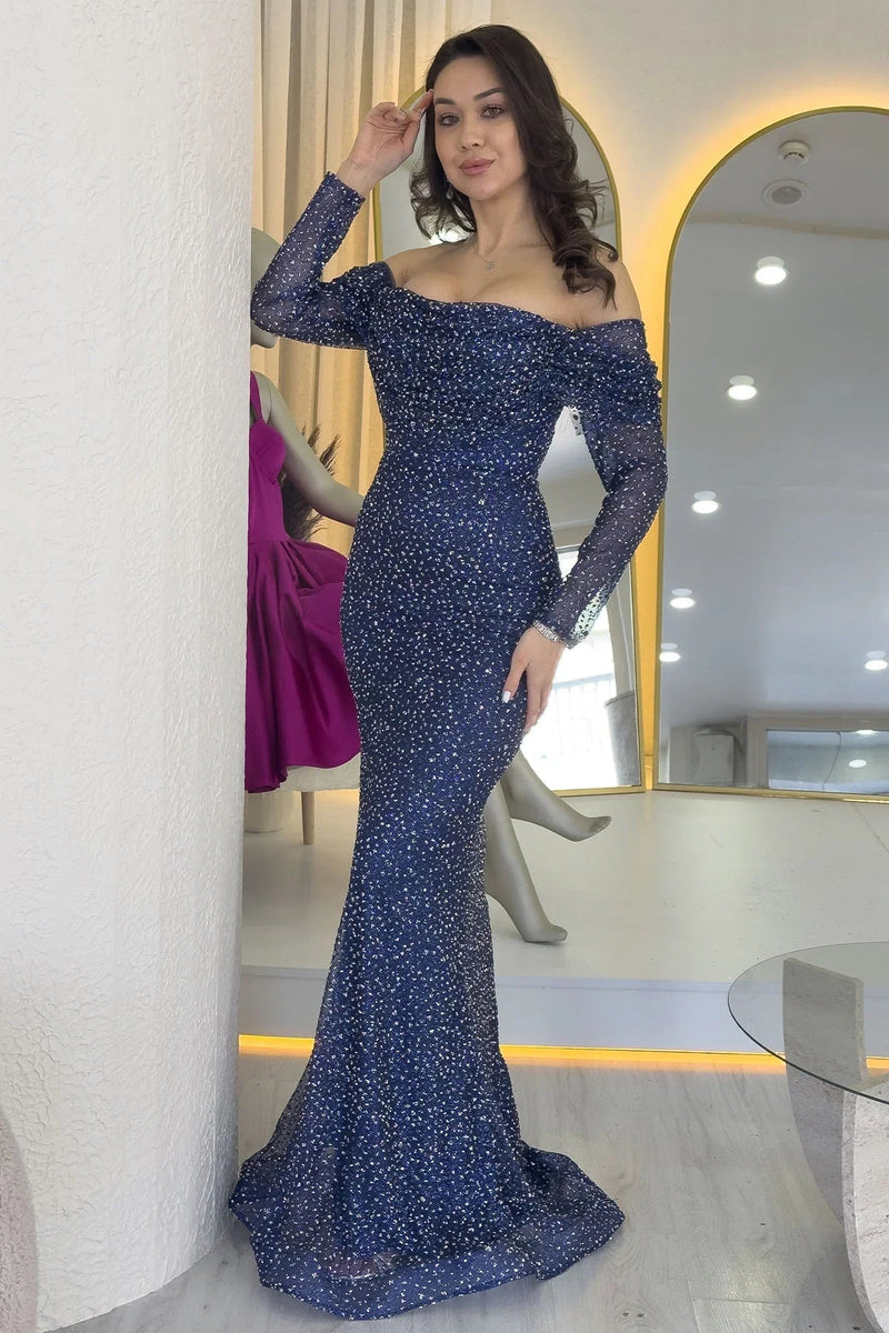 Women's Navy Blue Boat Neck Crystal Embellished Long Sleeve Mermaid Evening Gown