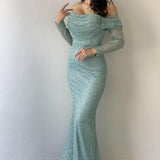 فستان سهرة ماكسي بتصميم حورية البحر، بدون حمالات، مزين باللون الأخضر المائي