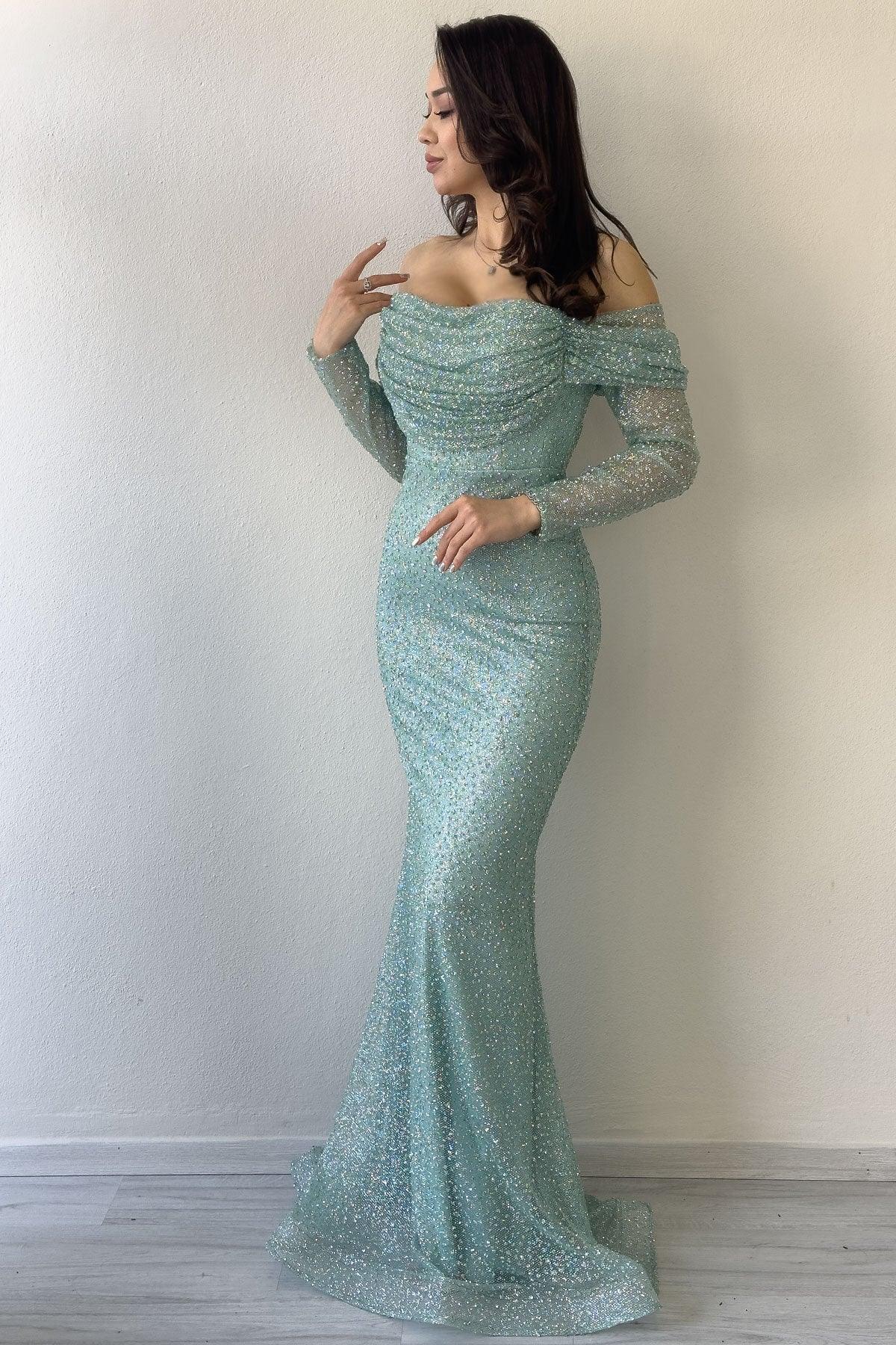 Women's Aqua Green Boat Neck Crystal Embellished Long Sleeve Mermaid Evening Gown