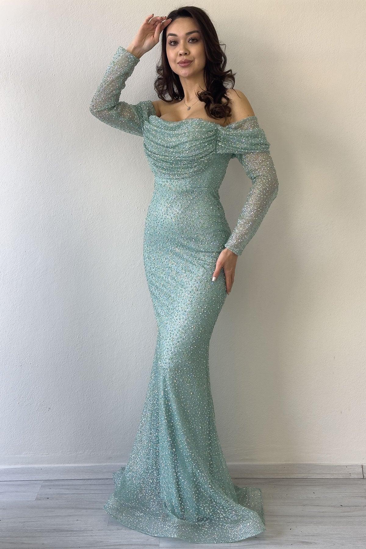 Women's Aqua Green Boat Neck Crystal Embellished Long Sleeve Mermaid Evening Gown