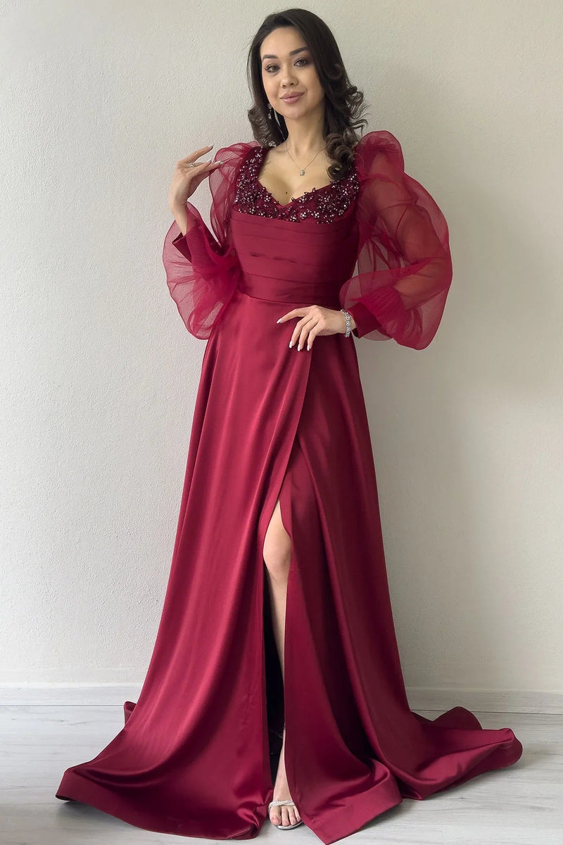 Women's Burgundy Tulle Sleeve Embellished Draped Satin Slit Evening Gown