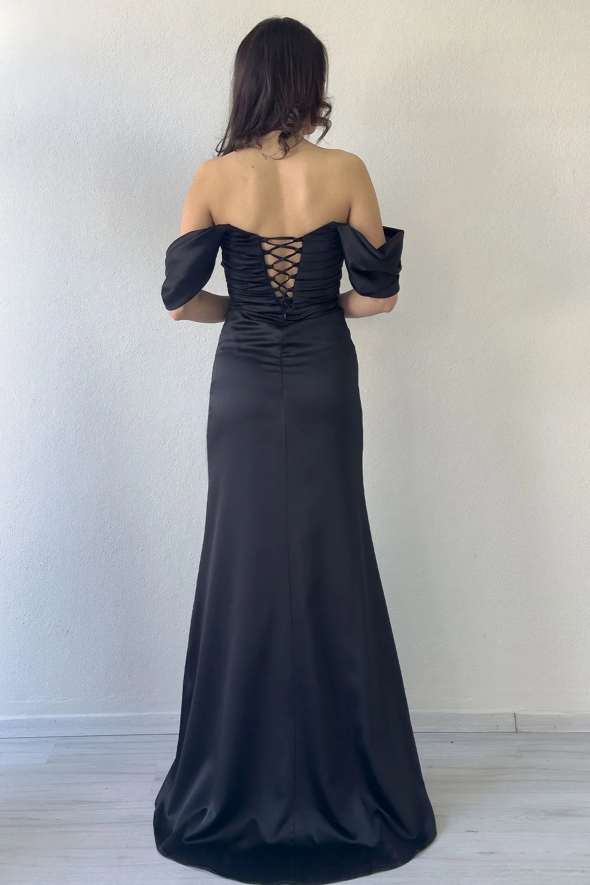 Women's Black Open Back Off-Shoulder Draped Slit Satin Evening Gown