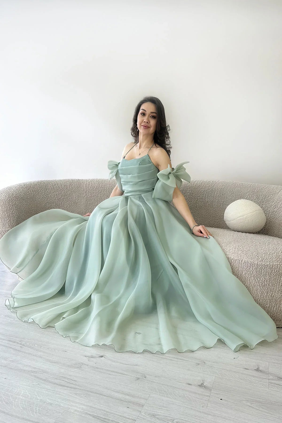 Women's Aqua Green Draped Halter Tie Bow Sleeve Detail Organze Evening Gown