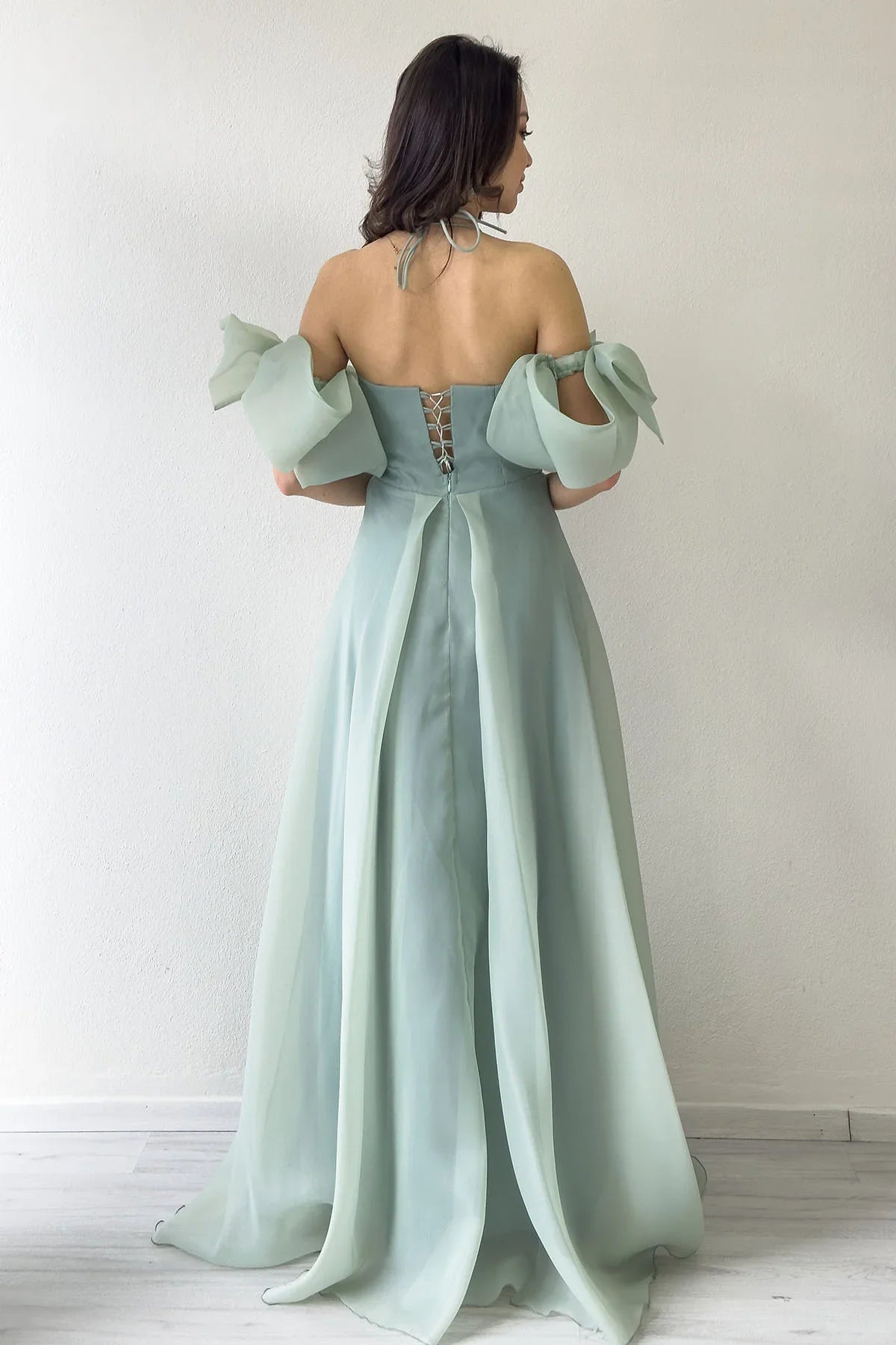 Women's Aqua Green Draped Halter Tie Bow Sleeve Detail Organze Evening Gown
