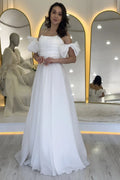 White Organza Evening Dress with Drape Neckline, Tie-Up Bow Detail on Sleeves
