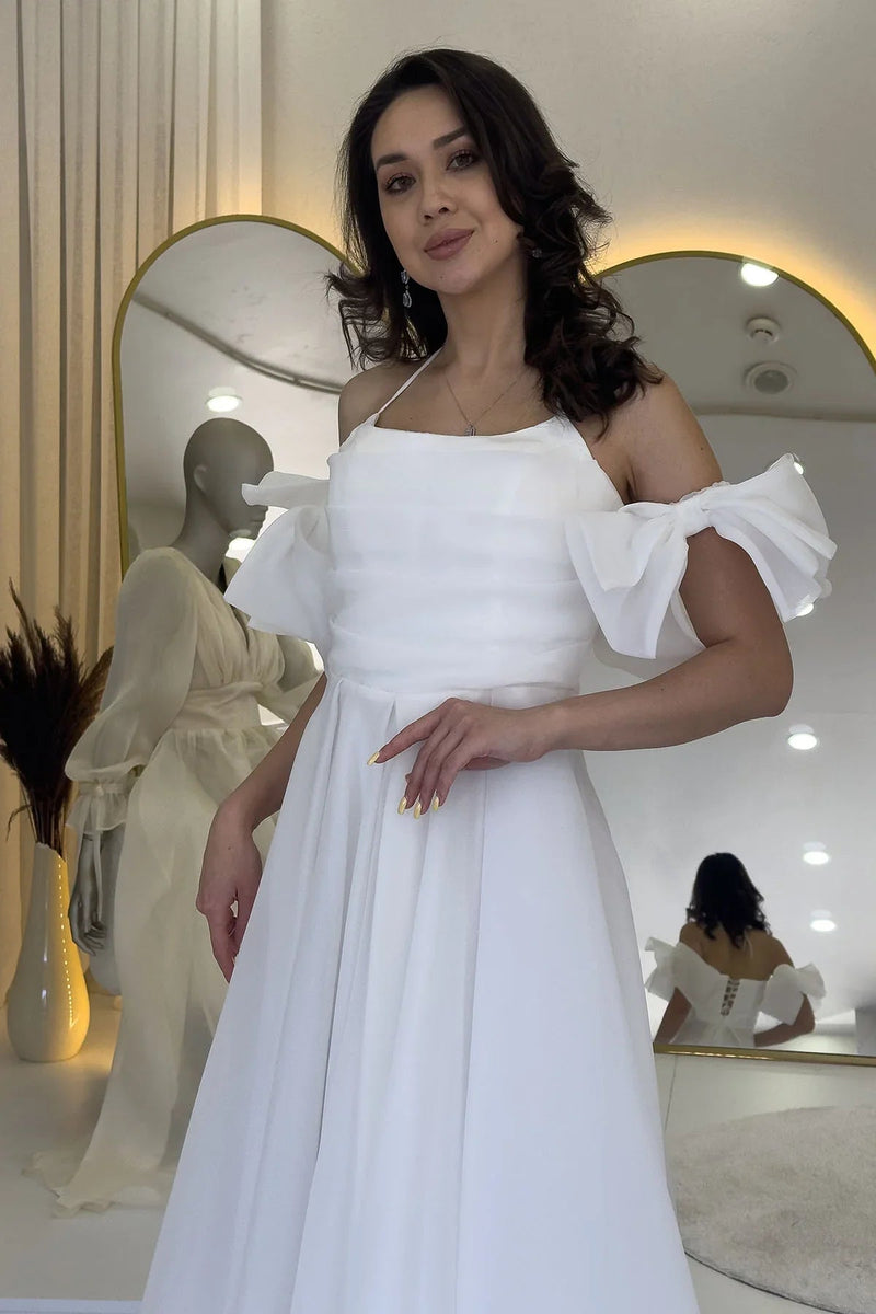 Women's White Draped Halter Tie Bow Sleeve Detail Organze Evening Gown