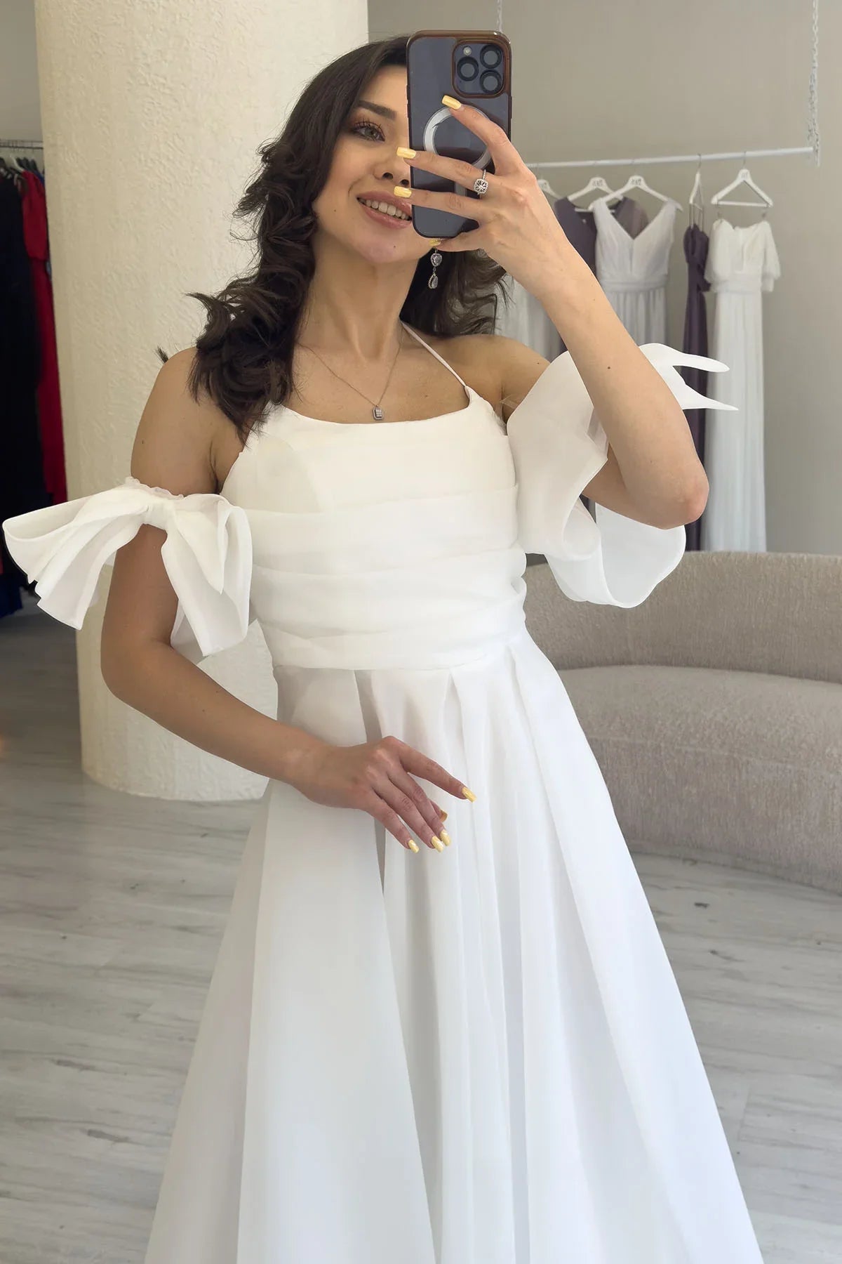 Women's White Draped Halter Tie Bow Sleeve Detail Organze Evening Gown