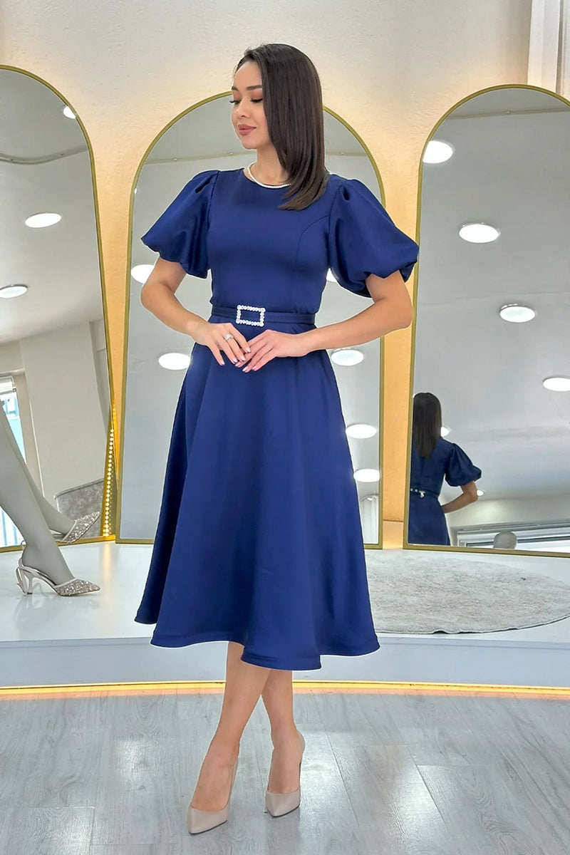 Women's Navy Blue Balloon Sleeve Taş Belted Midi Satin Evening Gown