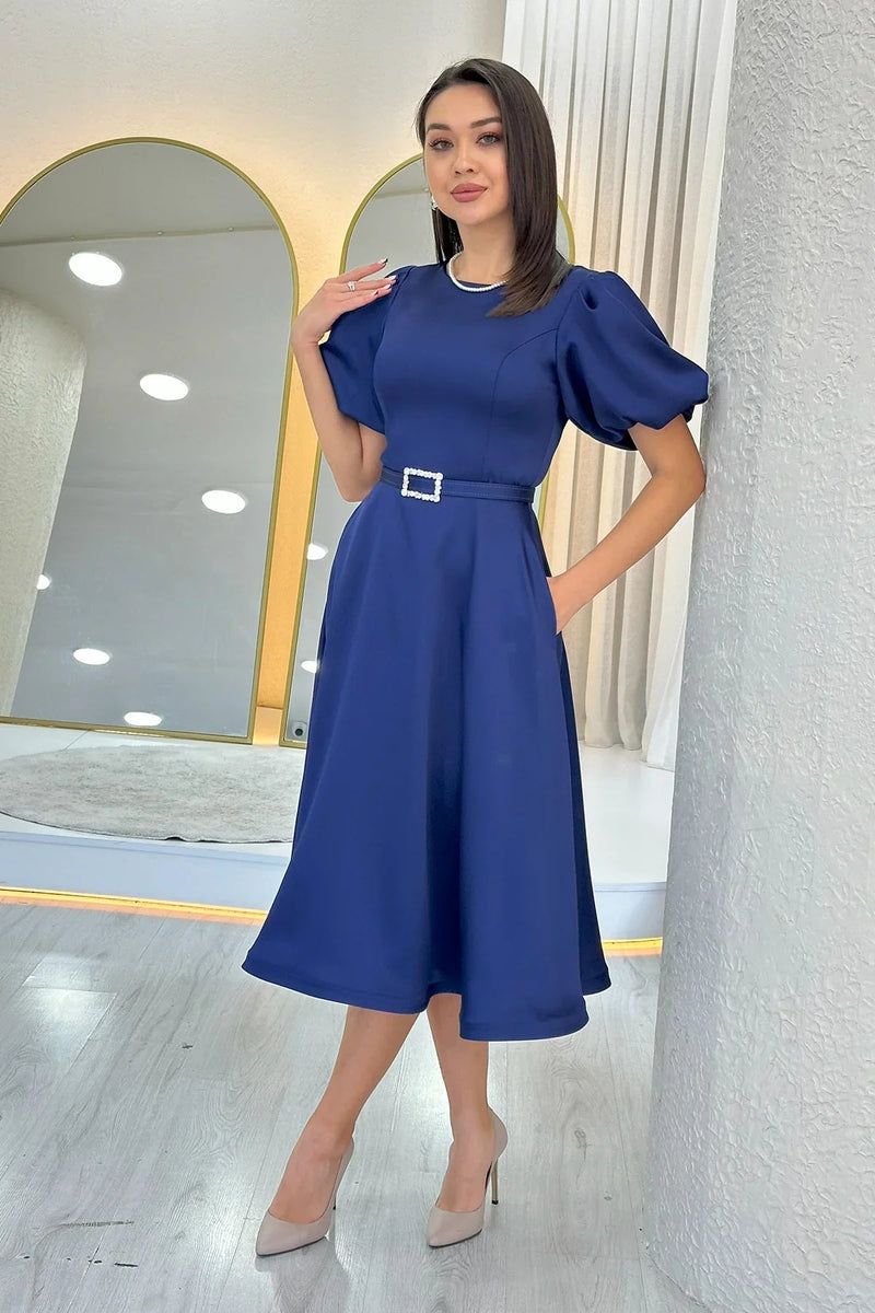Women's Navy Blue Balloon Sleeve Taş Belted Midi Satin Evening Gown