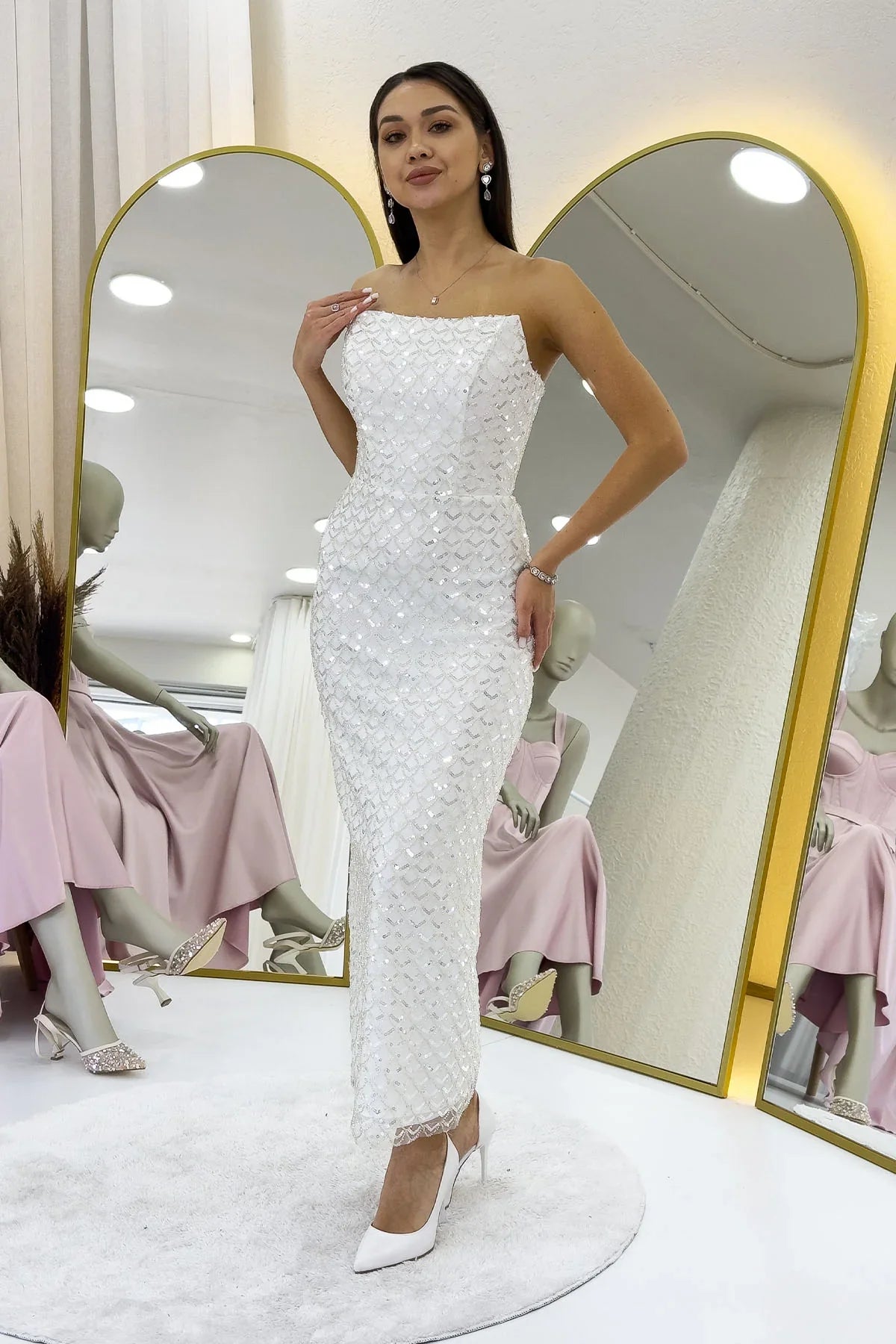 Women's White Strapless Beaded Midi Evening Gown