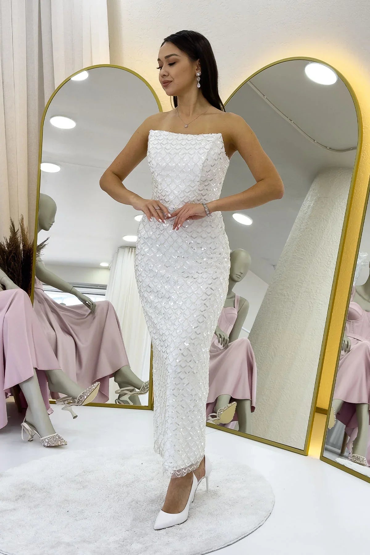 Women's White Strapless Beaded Midi Evening Gown