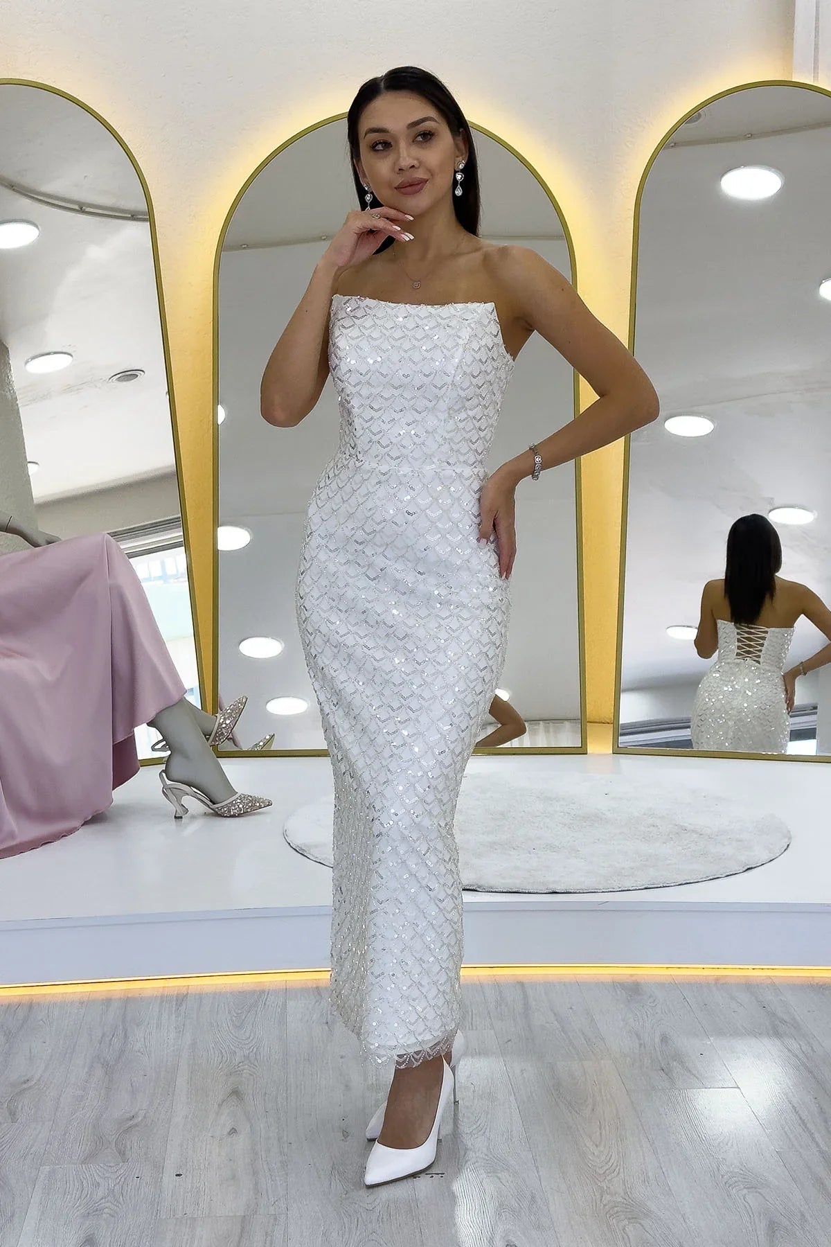 Women's White Strapless Beaded Midi Evening Gown