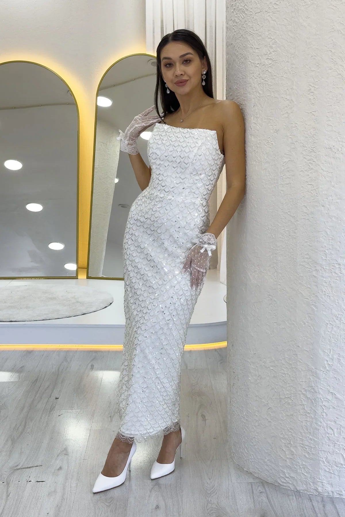 Women's White Strapless Beaded Midi Evening Gown
