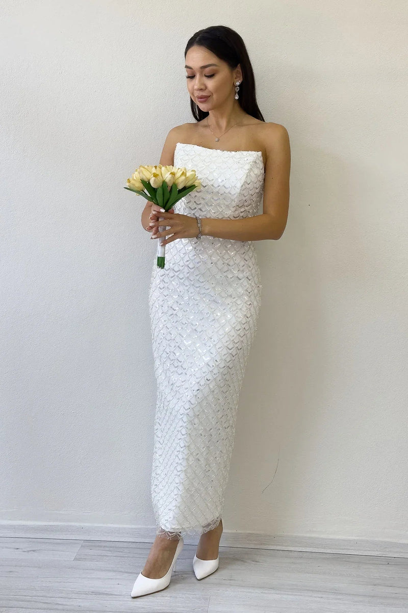 Women's White Strapless Beaded Midi Evening Gown