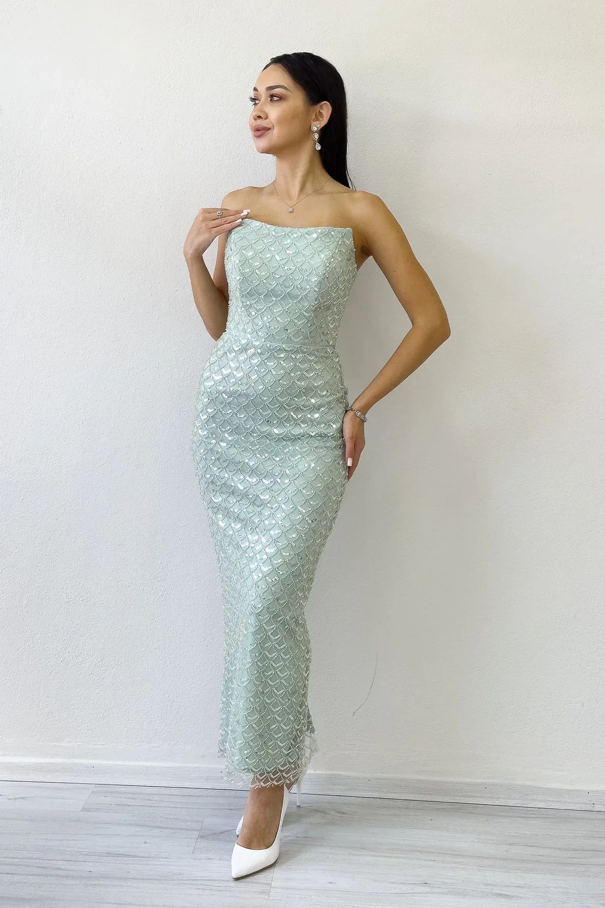 Women's Aqua Green Strapless Beaded Midi Evening Gown