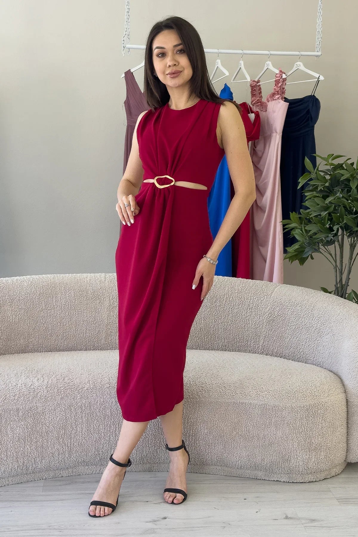 Women's Burgundy Bel Decollete Gold Aksesuarlı Slit Midi Dress