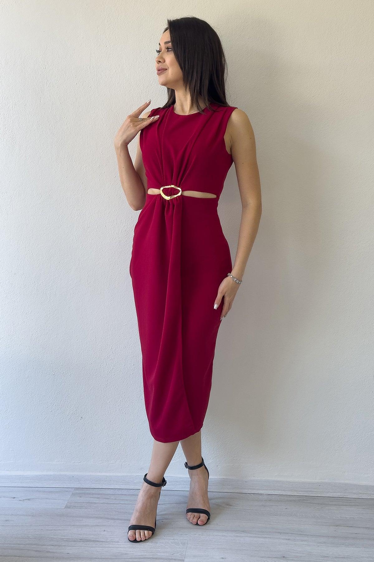 Women's Burgundy Bel Decollete Gold Aksesuarlı Slit Midi Dress