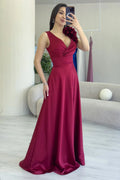 Burgundy Satin Maxi Evening Dress