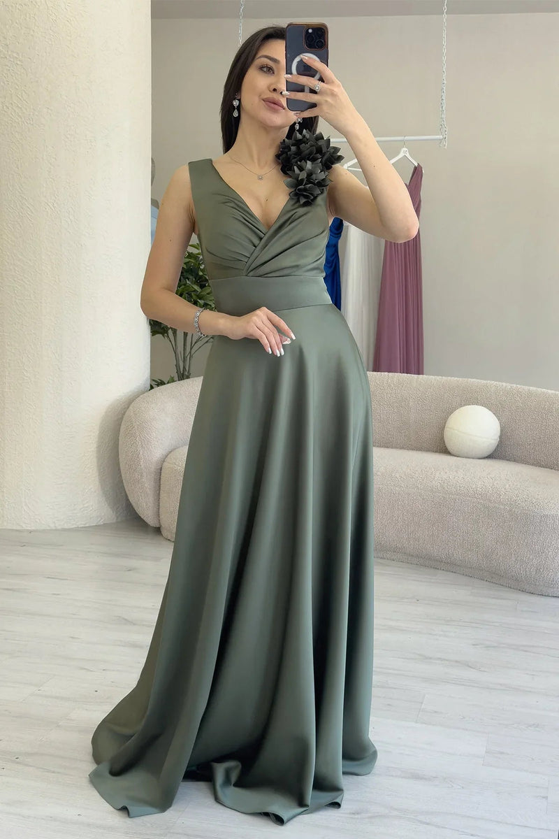 Women's Khaki Wrap Neck Omuz Çiçek Detail Satin Evening Gown