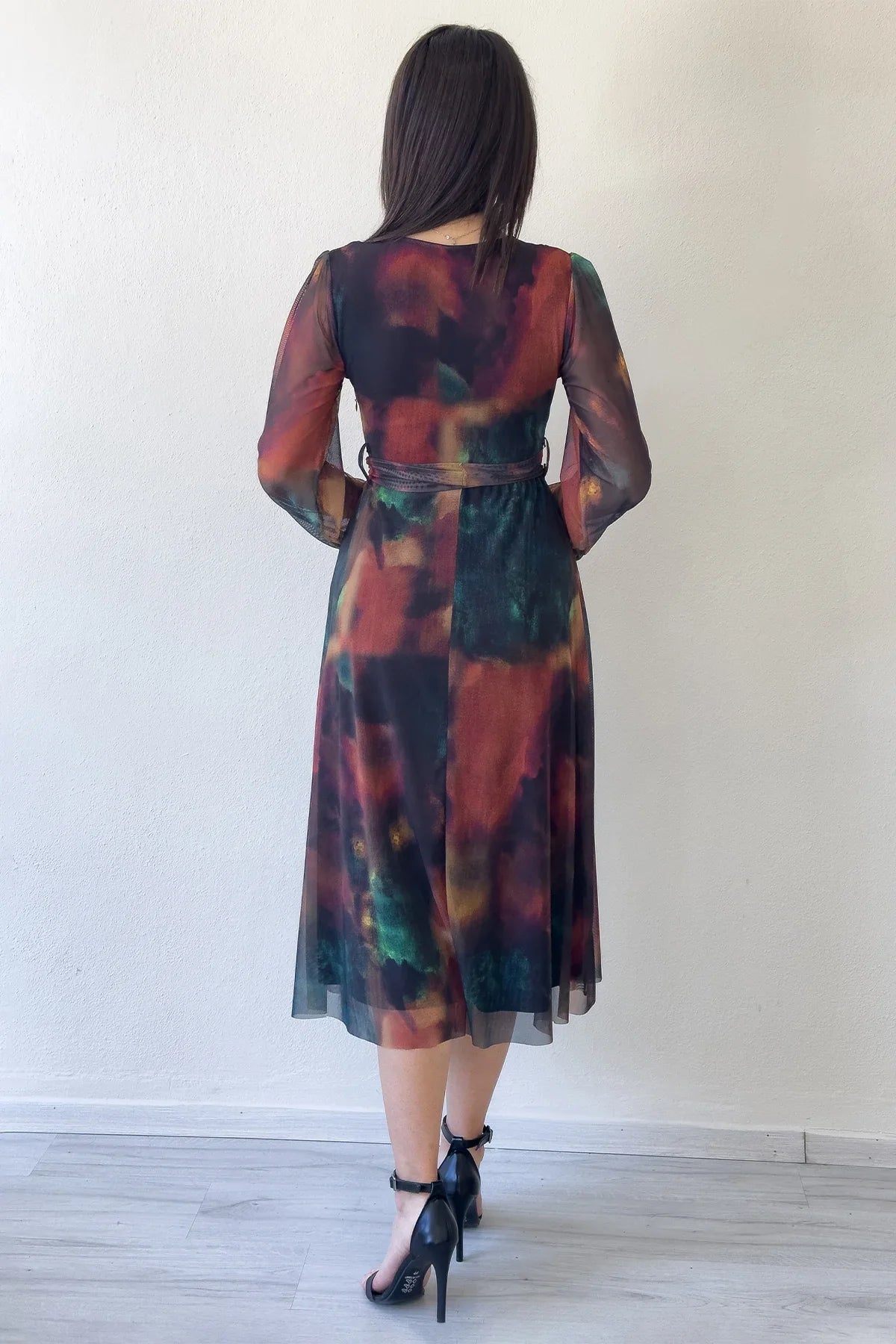 Women's V-Neck Belted Tie-Dye Tulle Midi Plus Size Evening Gown