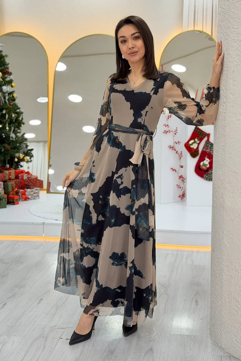 Women's Beige V-Neck Belted Tie-Dye Tulle Midi Plus Size Dress