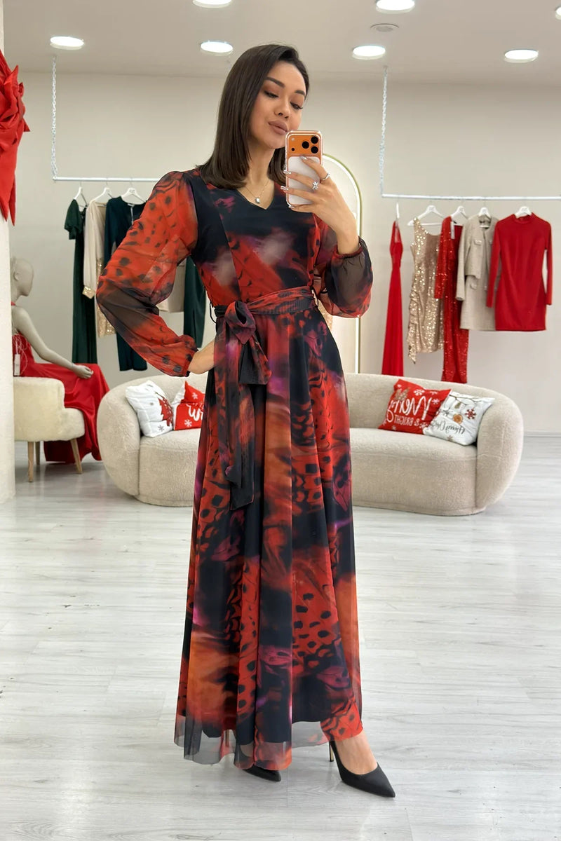 Women's Red V-Neck Belted Tie-Dye Tulle Midi Plus Size Dress