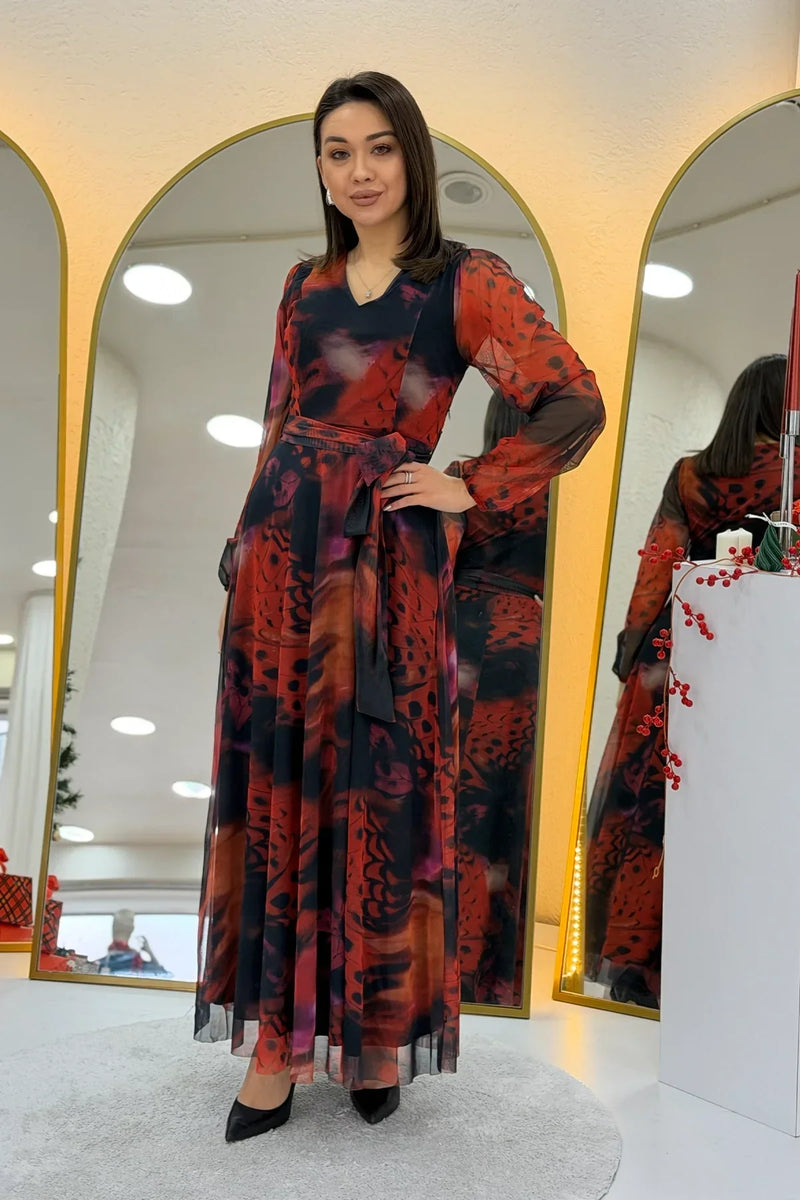 Women's Red V-Neck Belted Tie-Dye Tulle Midi Plus Size Dress