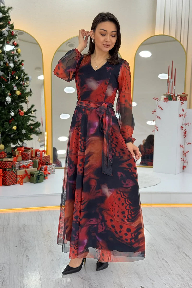 Women's Red V-Neck Belted Tie-Dye Tulle Midi Plus Size Dress