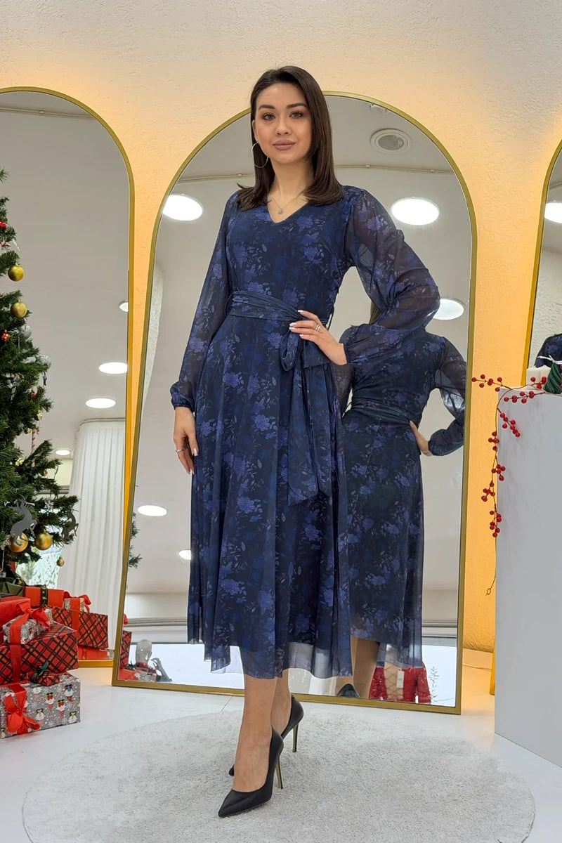 Women's Blue V-Neck Belted Tie-Dye Tulle Midi Plus Size Dress