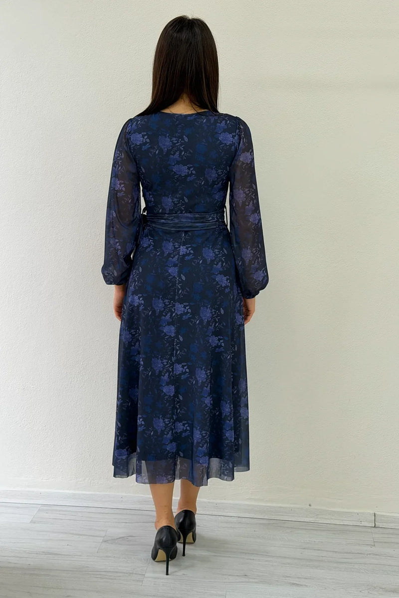 Women's Blue V-Neck Belted Tie-Dye Tulle Midi Plus Size Dress