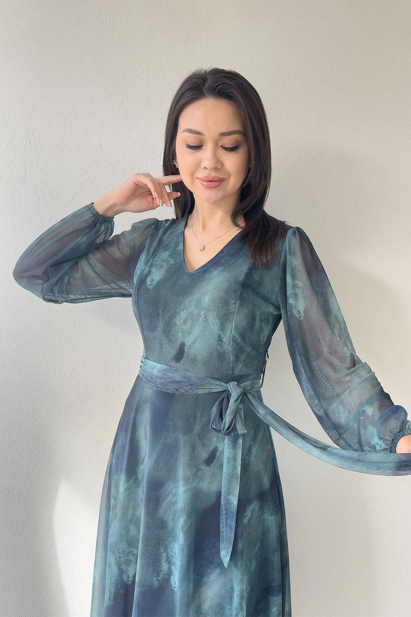 Women's Turquoise V-Neck Belted Tie-Dye Tulle Midi Plus Size Dress