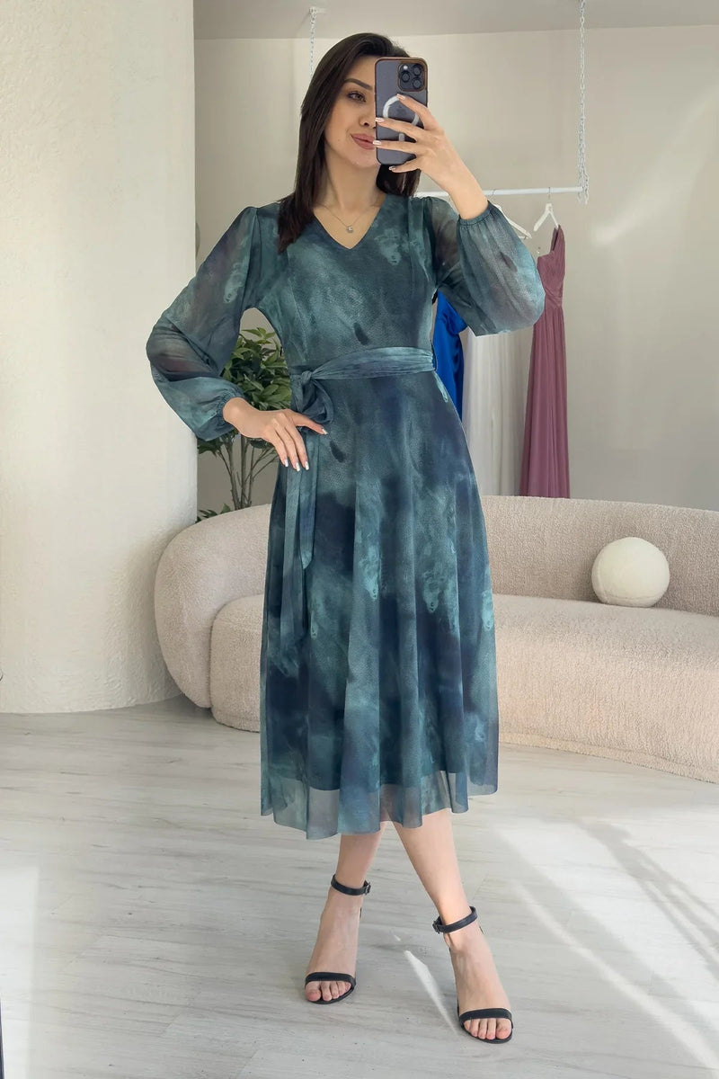 Women's Turquoise V-Neck Belted Tie-Dye Tulle Midi Plus Size Dress