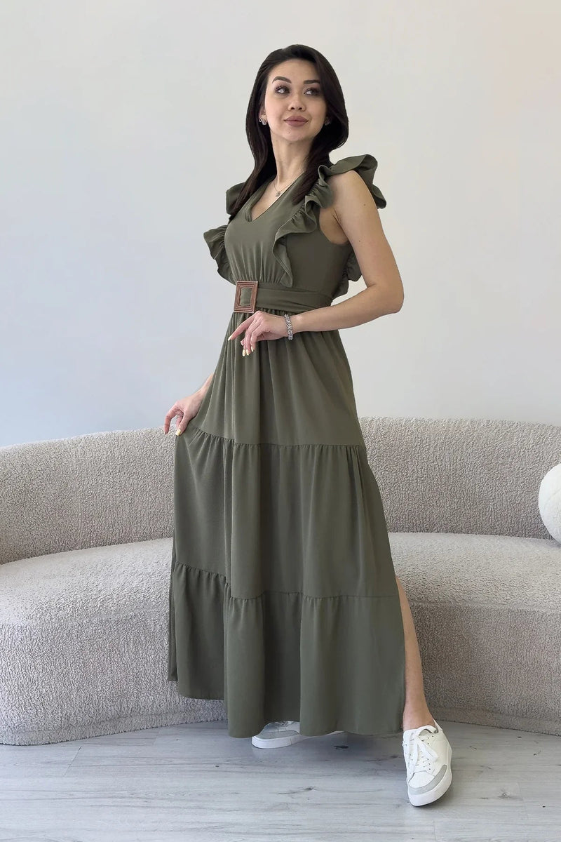 Women's Khaki Ruffle Sleeve Toka Detail Slit Summer Dress