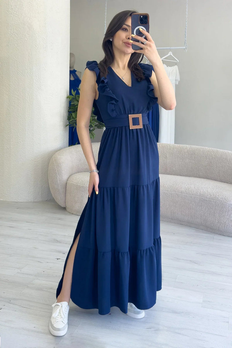 Women's Navy Blue Ruffle Sleeve Toka Detail Slit Summer Dress