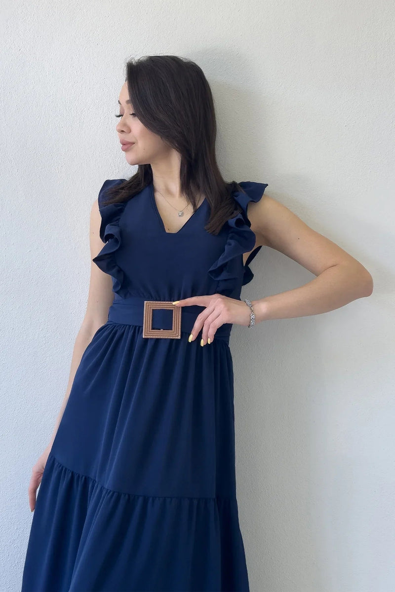 Women's Navy Blue Ruffle Sleeve Toka Detail Slit Summer Dress