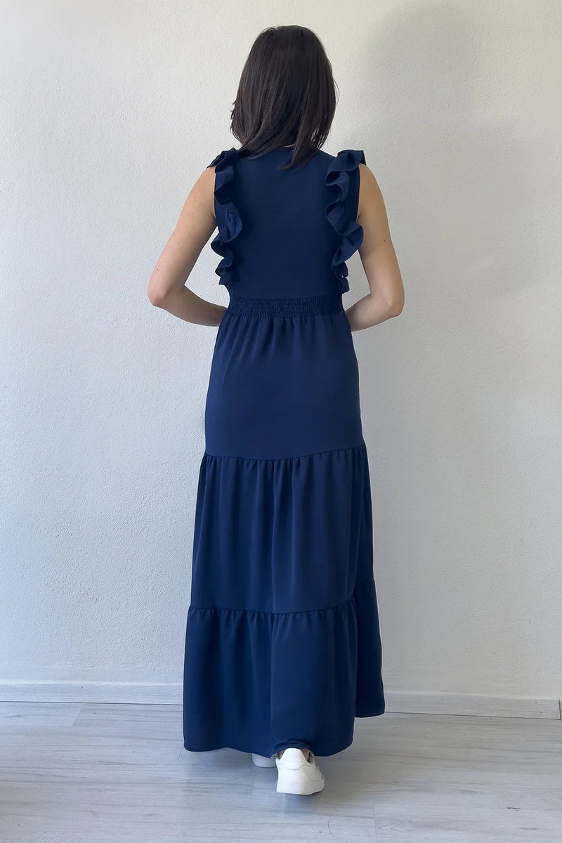 Women's Navy Blue Ruffle Sleeve Toka Detail Slit Summer Dress