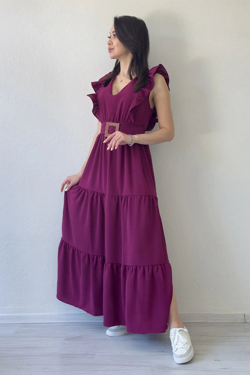 Women's Plum Ruffle Sleeve Toka Detail Slit Summer Dress
