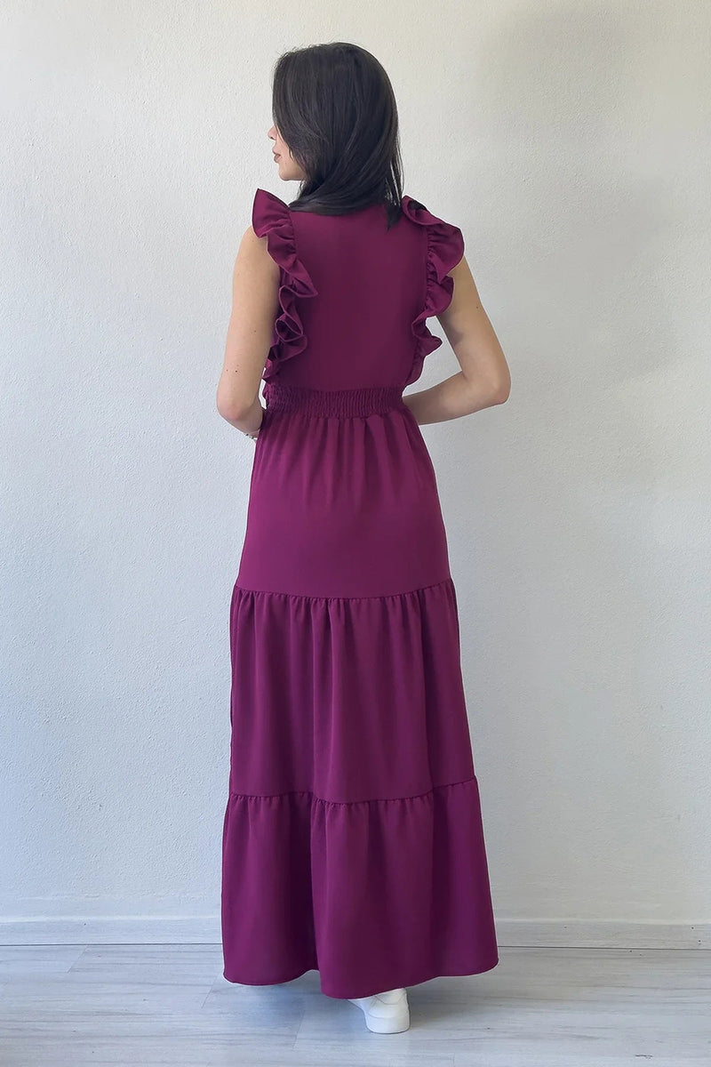 Women's Plum Ruffle Sleeve Toka Detail Slit Summer Dress