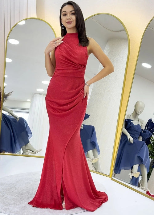 Rotes Maxi-Abendkleid aus Glitzerstoff
