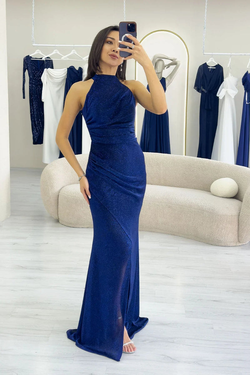 Women's Navy Blue Halter Neck Glitter Draped Slit Evening Gown