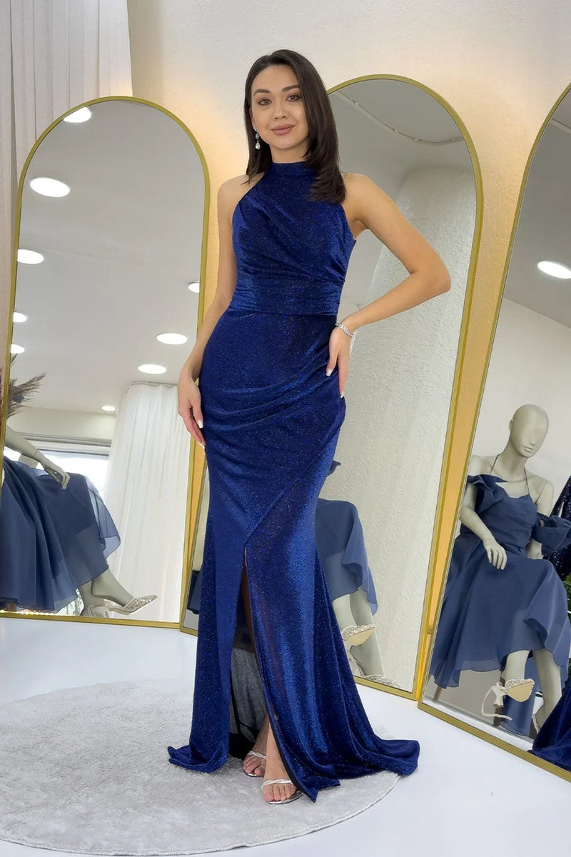 Women's Navy Blue Halter Neck Glitter Draped Slit Evening Gown