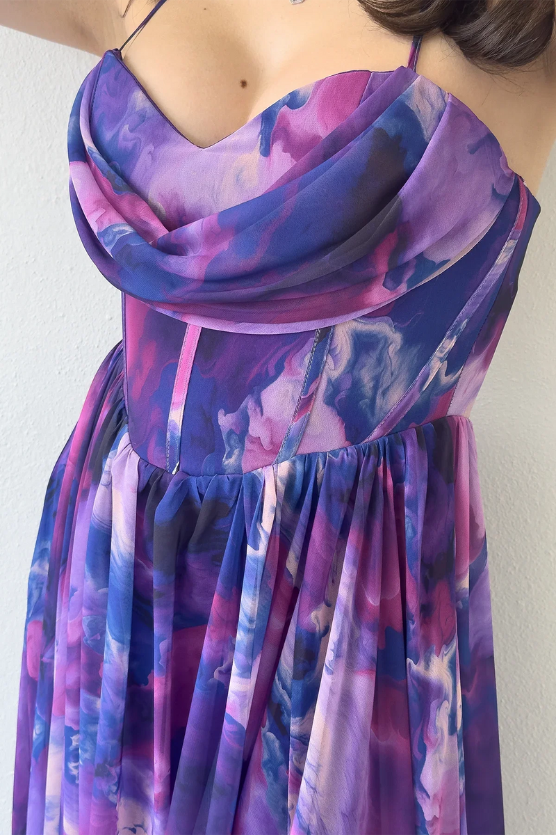 Women's Purple Tie-Dyeli Strapless Strap Open Back Slit Evening Gown