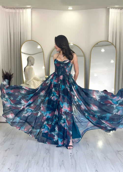 Petrolgrünes, dünn trägeriges Chiffon-Maxi-Abendkleid